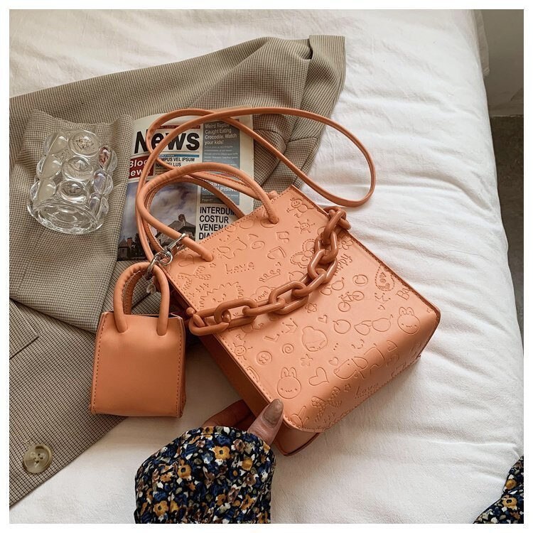PU Leather Women Shoulder Bags 2Pcs Sets Ladies Handbags Teenage Girls Crossbody Bags Cartoon Print Purses for Women Bag: Orange