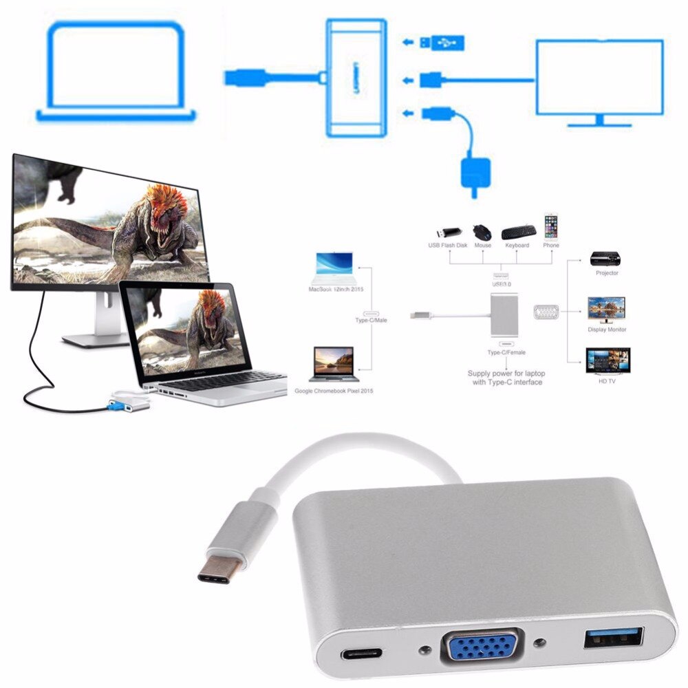 LYBALL USB C 3,1 Typ-C zu VGA USB 3.0 USB Typ C PD Hub Weibliche Adapter für Neue Macbook 12 zoll Chromebook Pixel Lumia 950XL