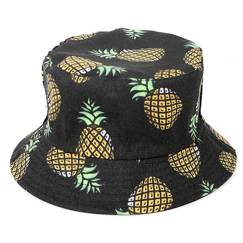 Panama bucket hat mænd kvinder sommer bucket cap ananas banan print fisker hat bob hip hop gorros vendbar fiskeri hat: Sort