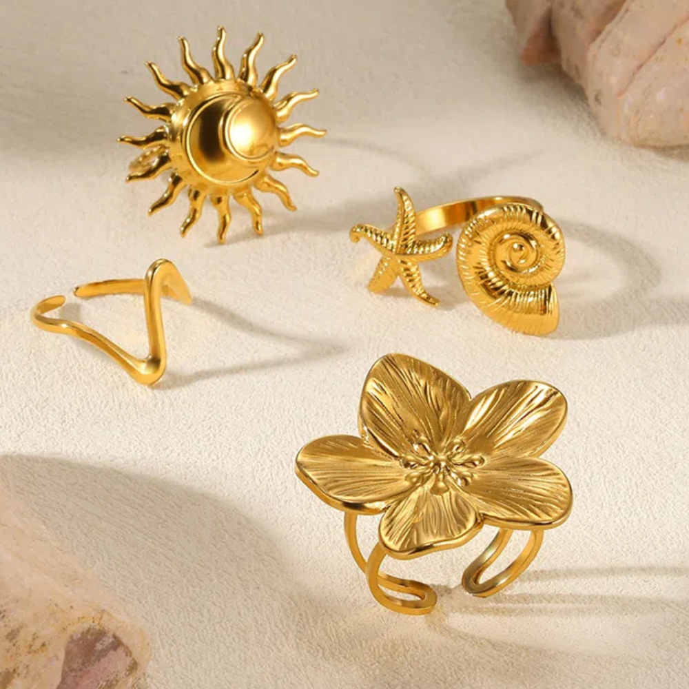 Bagues élégantes en acier inoxydable pour femmes, grande fleur, couleur or, soleil, étoile de mer, anneau ouvert, bijoux de doigt, de mariage, Punk