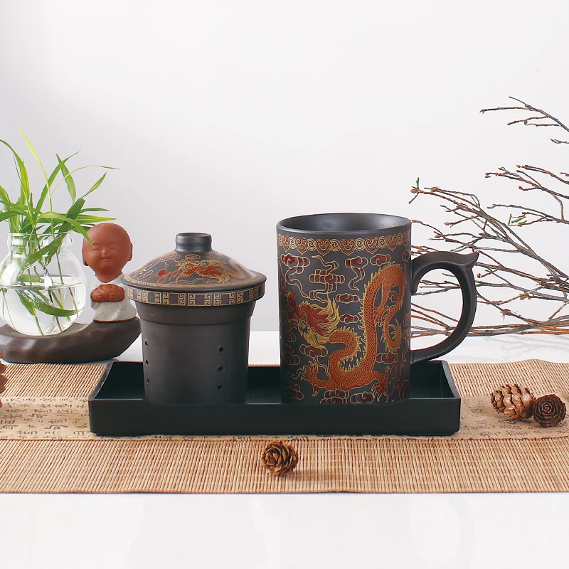 Retro Traditionele Chinese Draak Phenix Paarse Klei Thee Mok met Deksel Zetgroep Handgemaakte Yixing Zisha Thee Cup 300ml Theekopje Mok