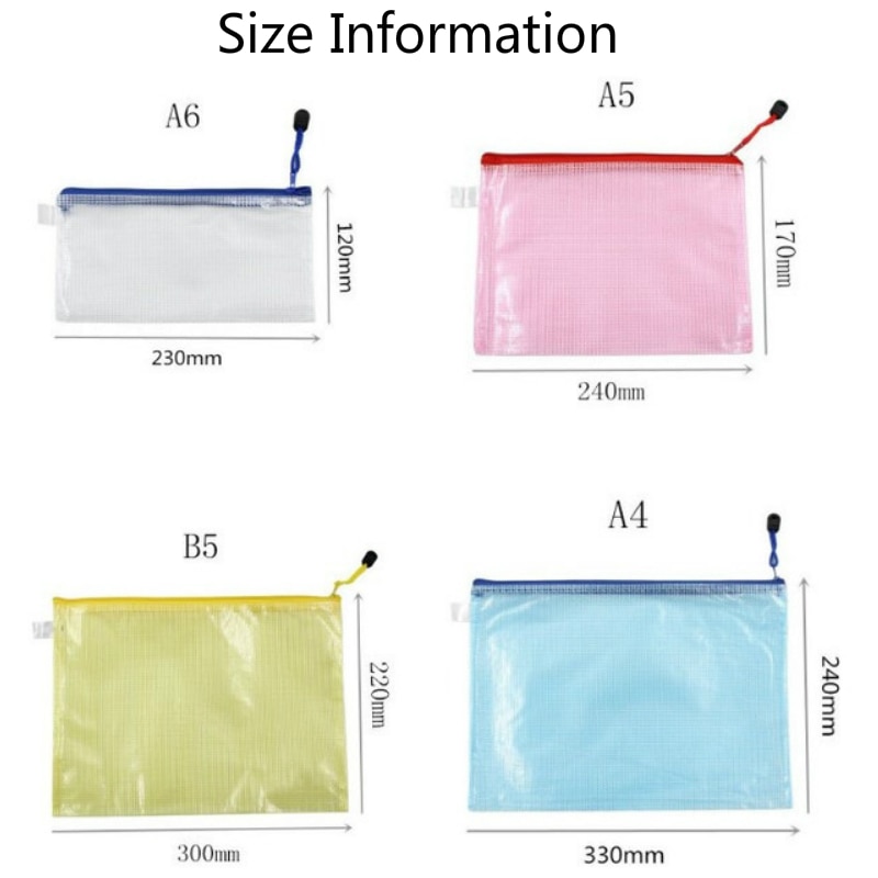 10 unids/lote A3/A4/A5/A6/B4/B5 bolsa transparente para guardar documentos bolsa para bolígrafos cremallera resistente al agua de PVC bolsas para archivos para oficina
