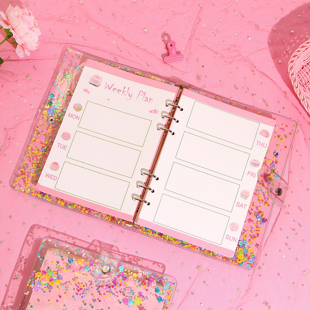 Cute Glitter Sequins Notebook Cover A5/A6 Transparent 6 Rings File Folder Loose Leaf Ring Binder Kawaii School Office Supplies