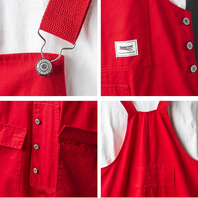 Mono con pechera para hombre, pantalones Cargo rojos, holgados, rectos, con bolsillos grandes, ropa de calle Hip Hop, pantalones informales