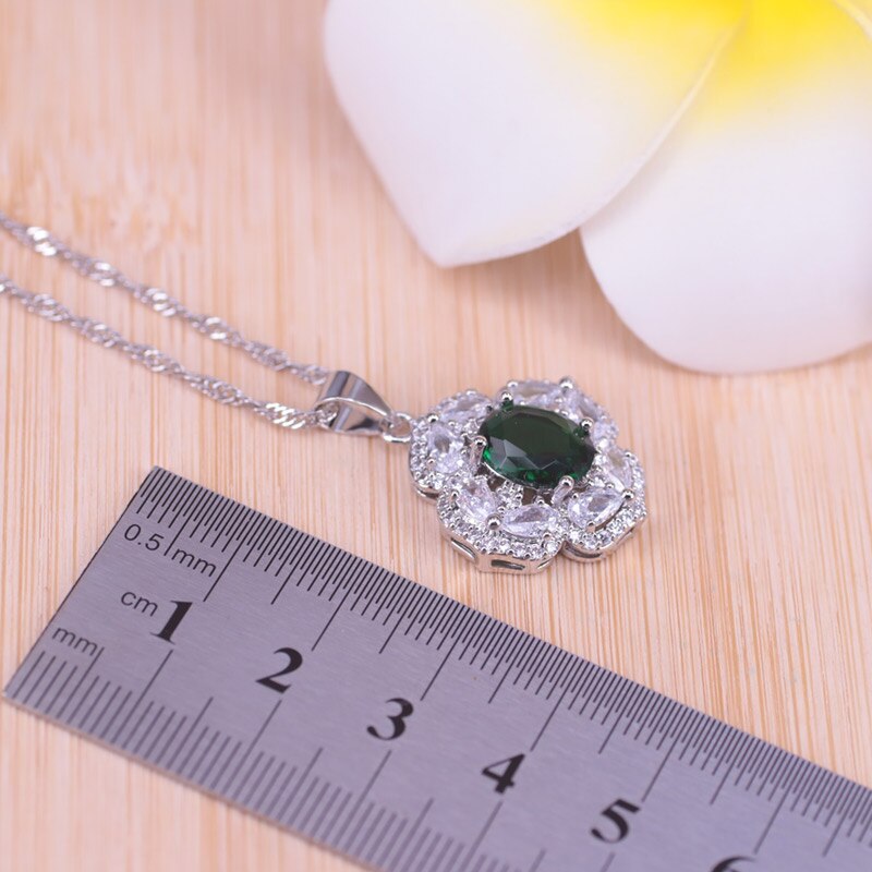 Russisk stil sølv farve grøn sten hvid krystal kostume brude smykker armbånd halskæde øreringe ring