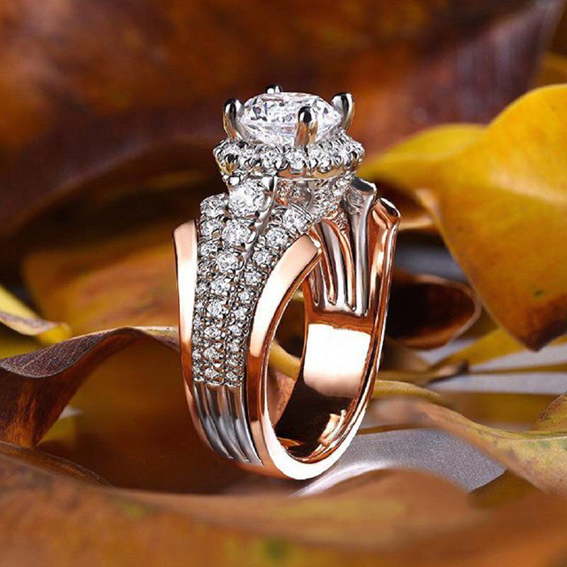 Anel de aniversário de casamento huitan com zircônia cúbica brilhante redonda rosa cor de ouro moda anéis para presente dos namorados feminino: 7