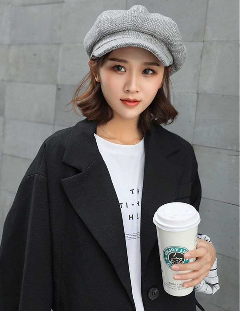 Casquete de tela a cuadros para mujer, gorra octogonal de otoño e invierno, sombrero de pintura de estilo Vintage, gorro de calle, gorra de vendedor de periódico: grey