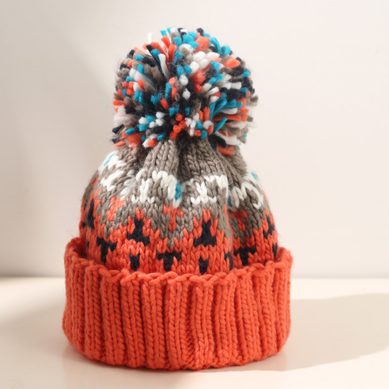 Kleurrijke Bont Pom Pom Gebreide Muts Kerst Hoed Met Bont Ballen Winter Wollen Hoed Unisex Warm Skullies Mutsen: Oranje