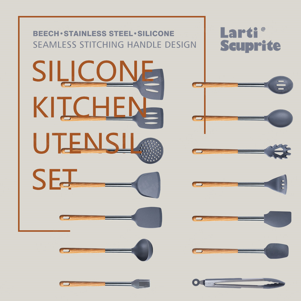 Kit d'ustensiles de cuisine en Silicone, ensemble d'outils de cuisine, accessoires allongés manche en bois massif, spatule cuillère Kit avec ustensiles de rangement