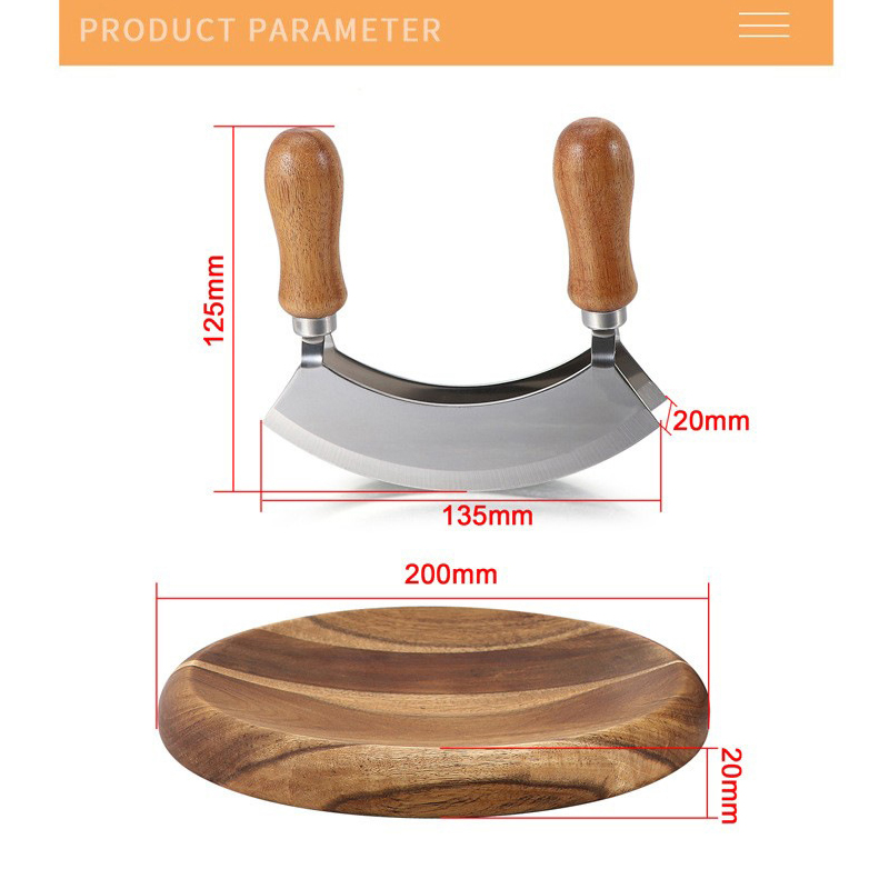 Salad Chopper With Wood round Herb Board Mezzaluna Knife with Handle Stainless Steel Chopper Vegetable Cutter Onion Chopper: Red