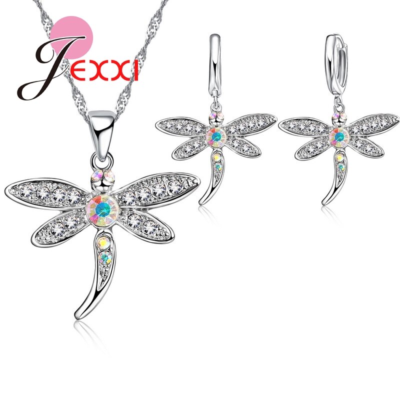 Pretty Dragonfly Sieraden Sets 925 Sterling Zilveren Hanger Ketting Oorbellen Voor Vrouwen Shining Cz Rhinestone Crystal