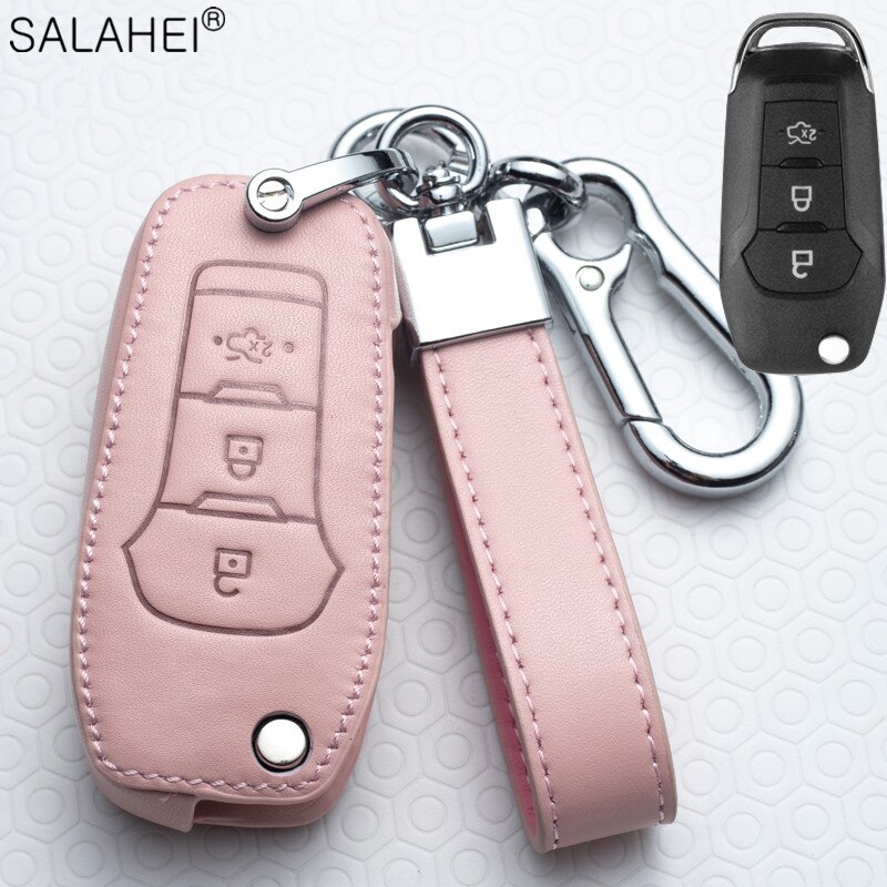 Lederen Auto Key Case Cover Voor Ford Fiesta Focus 23 MK2 MK3 Mondeo MK4 Ecosport Kuga Escape Explorer Ranger Styling accessoires: D-pink