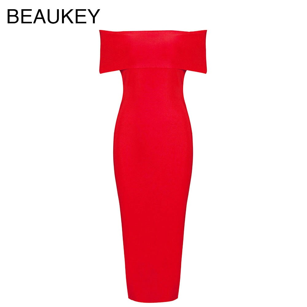 Red Off Shoulder Knee Length Rayon Knitted Elastic Bodycon Bandage Dress