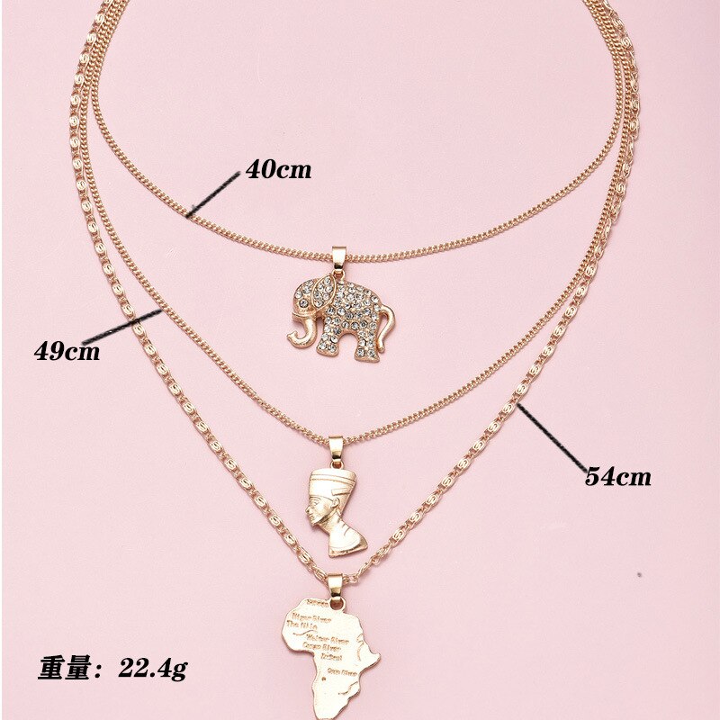 Triple Gelaagde Nefertiti Olifant Afrikaanse Kaart Ketting Delicate Gold Gelaagdheid Ketting Koningin Van Egypte Hanger Voor Vrouwen Moeder