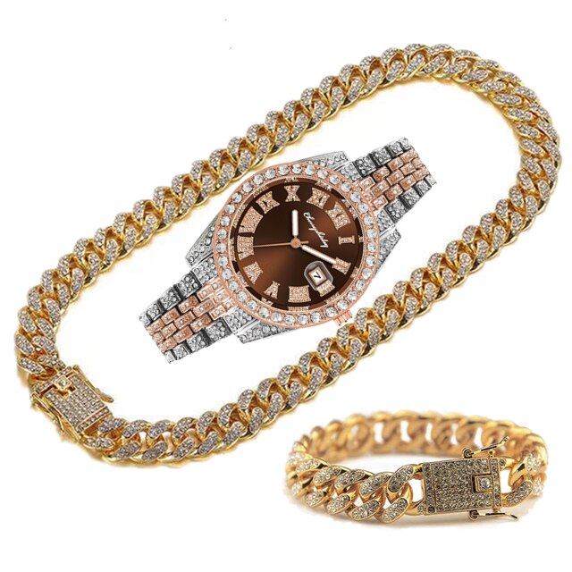 Montre entièrement glacée pour hommes, Bracelet, collier, ras du cou, bijoux bling-bling, grande chaîne en or, Hip Hop, ensemble de montre