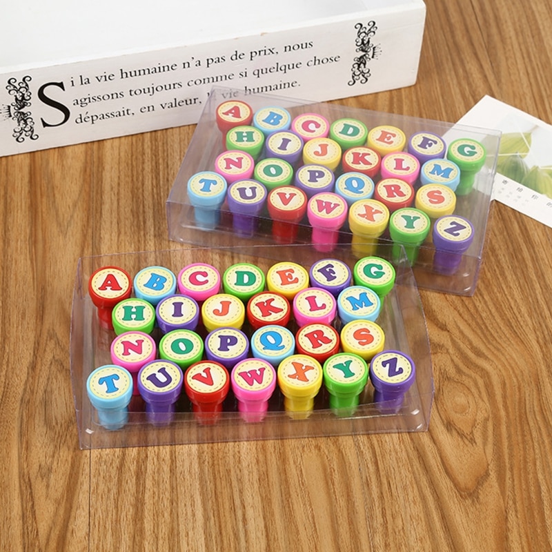 26 Pc Alphabets Letters Round Stamp Seal Self Inking Scrapbooking Plate Ink Pads Stamper Seal Stamp Stationery for Children