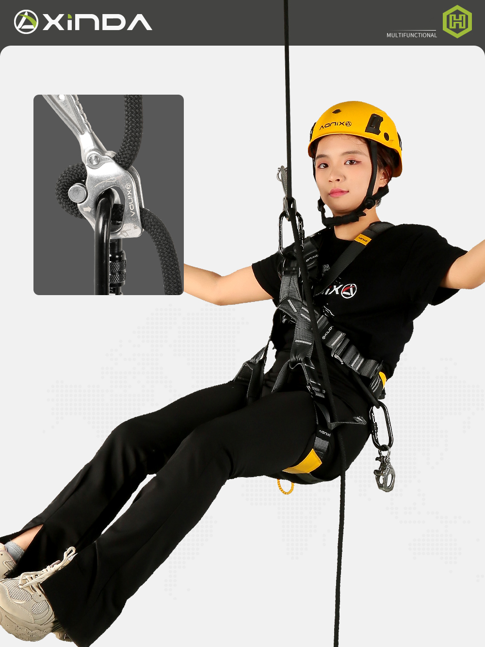 Xinda klätternedfirare i rostfritt stål, nedfirare för arbete på höjd, fasthållningsanordning för nedfirning i bergsklättringsområde