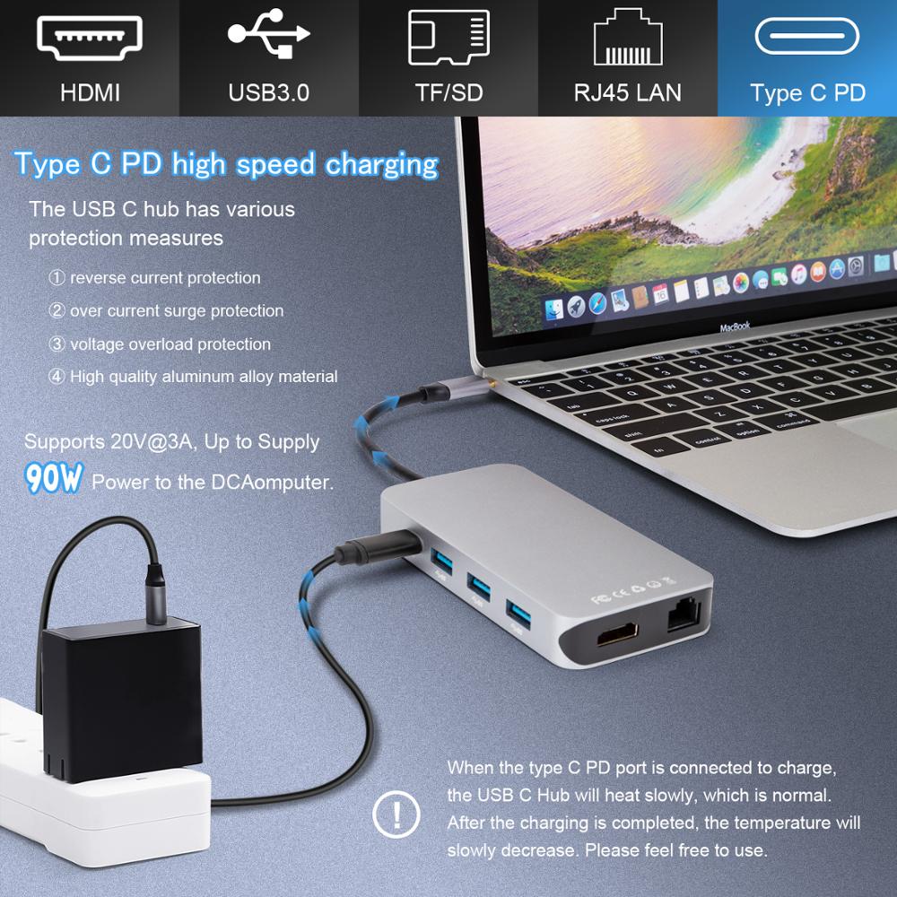 9- i -1 type c til hdmi /rj45/ hdmi 4k usb hub / sd / tf multifunksjons dokkingstasjon til macbook pro samsung  s9 Lyn 3 usb c