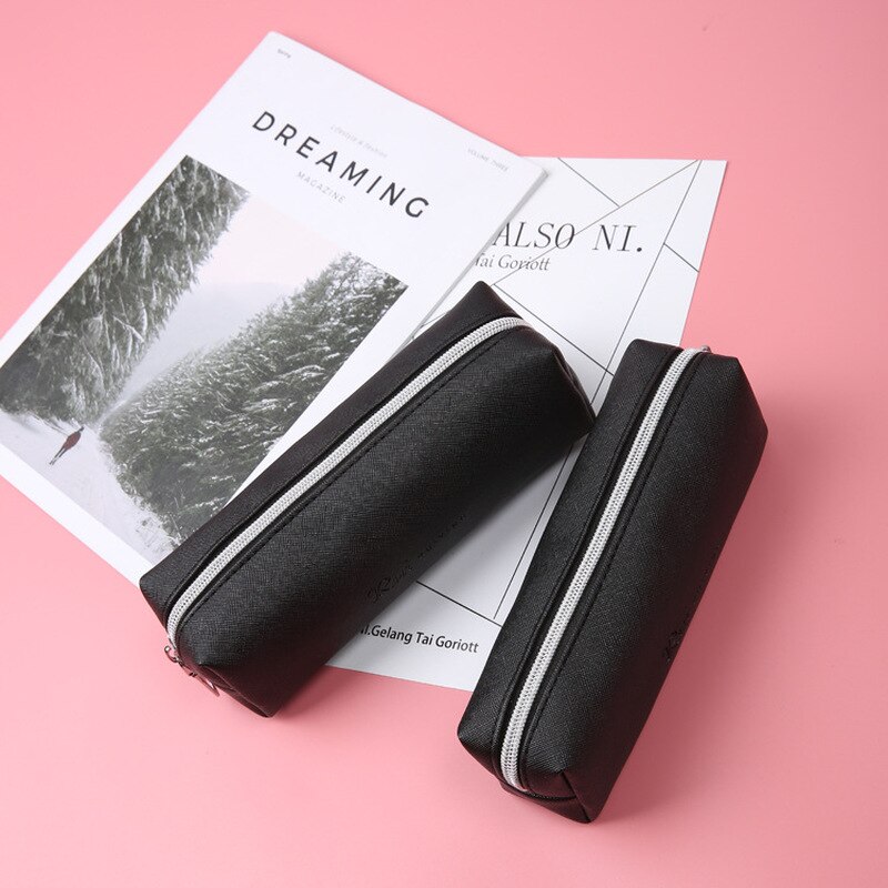Cute Black PU Leather Pencil Case Big Capacity Zipper Pencil Box For School Pencil Bag School Supplies Tools Girl Cosmetic Bag
