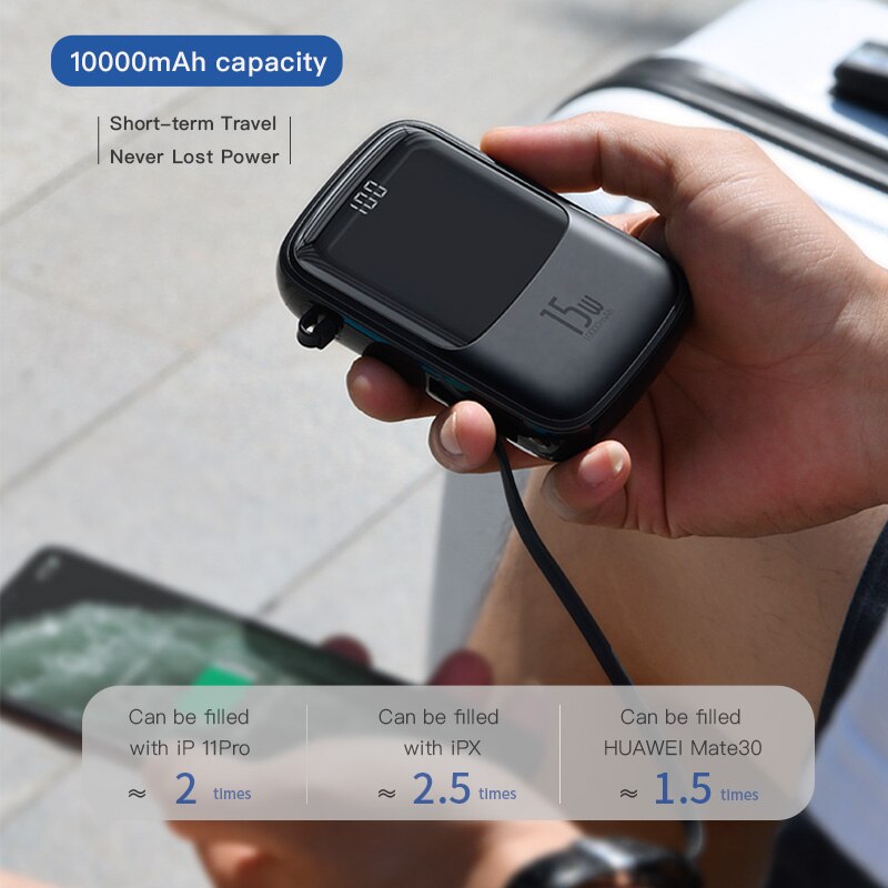 Baseus Power Bank 10000Mah Ingebouwde Type C Kabel 3A 15W Powerbank Telefoon Oplader Digitale Display Poverbank mini Draagbare Oplader