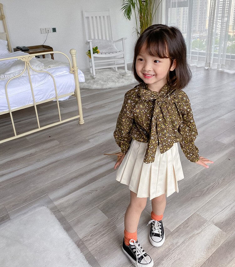 Herfst Schattige Meisjes Casual Bloemen Strik Frenal Mode Shirts Pastorale Stijl Lange Mouwen: Pickle color / 5T