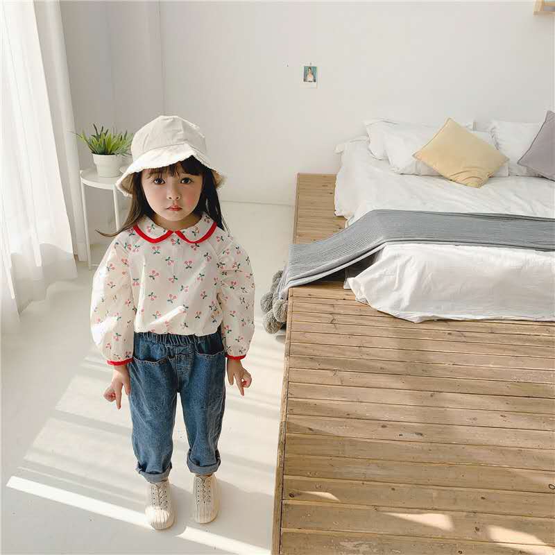 children's autumn products, girls Korean version of autumn clothes lapel floral small fresh shirt shirt