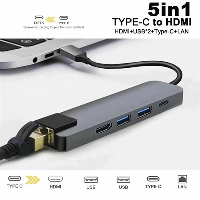 5 in 1 USB C Hub Typ C bis 4k HD Adapter mit Gigabit 1000m RJ45 Netzwerk Ethernet LAN Ladegerät Port Adapter für MacBook Pro