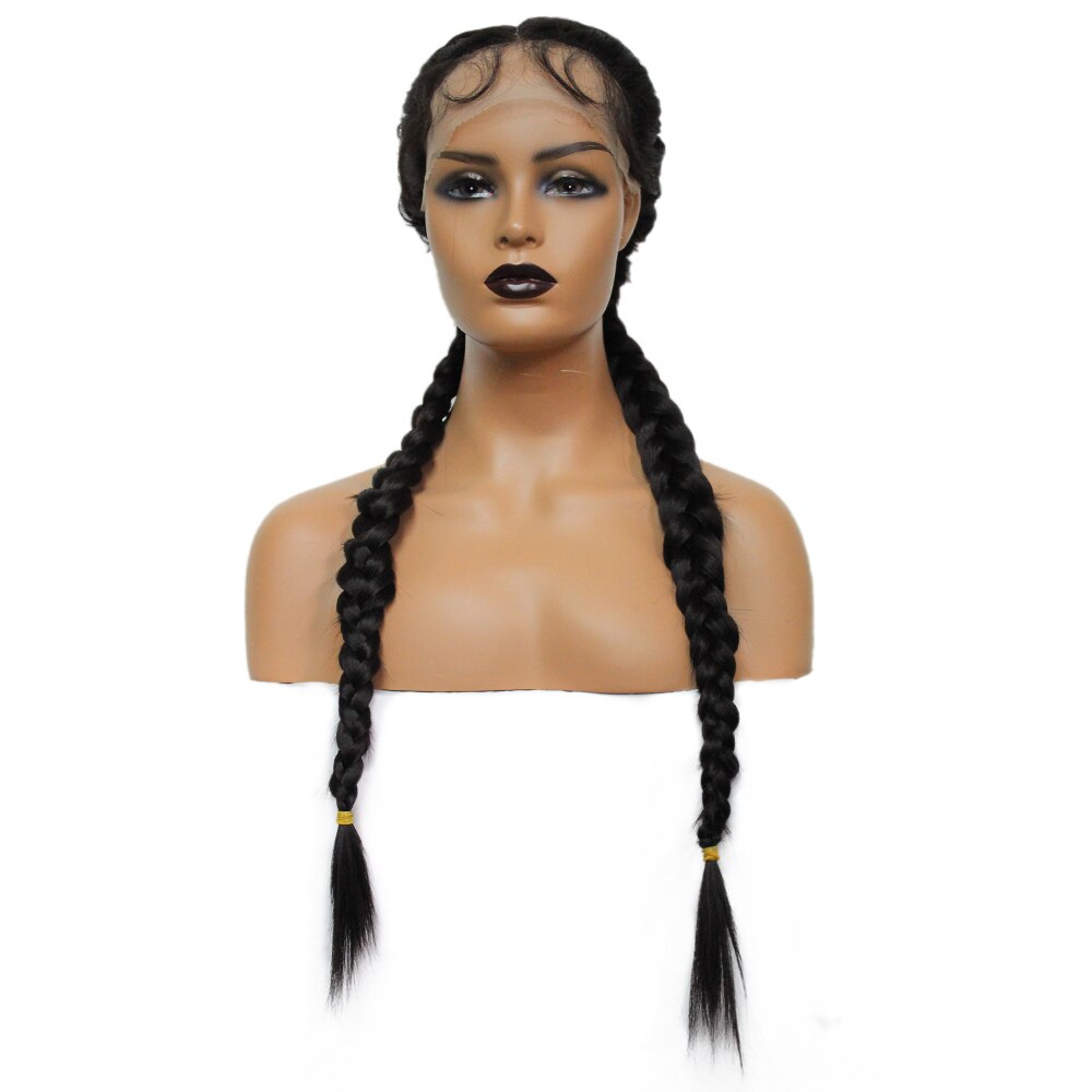 Long Double Braids Synthetic Lace Front Wigs with Baby Hair SOKU Middle PartHeat Resistant Fiber 2 Ponytail Braided Lace Wig