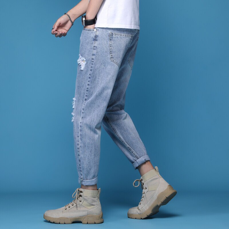 Ripped Jeans for men Stretch Nine Hole Pants