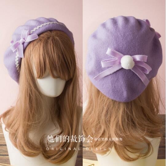 17 Kleuren Lolita Baretten Wol Blend Hoed Vrouwen Meisjes Boog Plaids Streep Sailor Stijl Preppy Chic Studenten Cap: J