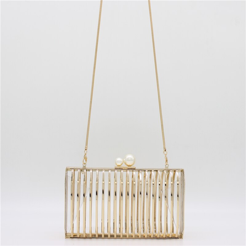 Women's Unique Metal Hollow Evening Clutch Bag Pearl Clasp Ladies Chain Shoulder Bag Crossbody Messenger Party Bag