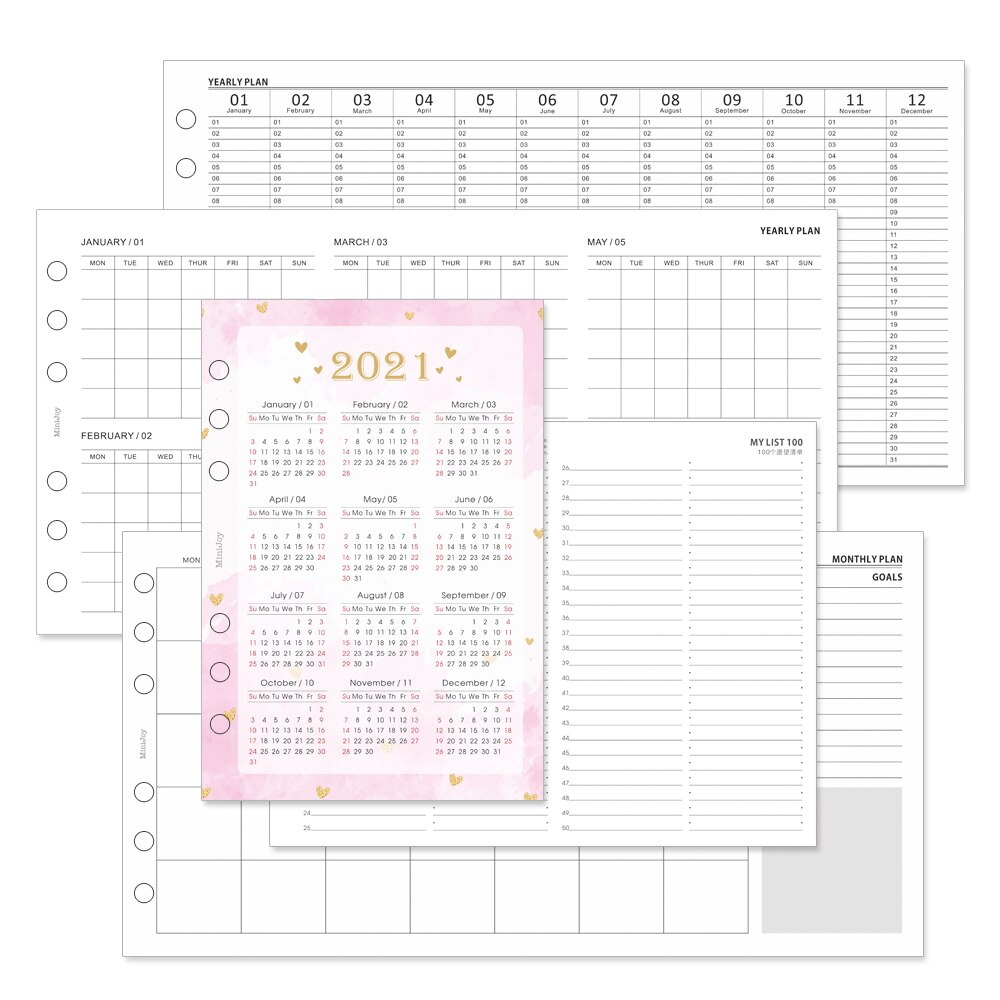 Mypretties Basic Kalender Jaarlijks Maandelijkse Planner Lijst Vullingen A5 A6 Drievoudige Filler Papers Voor 6 Gat Organizer Binder: A6-95X173mm