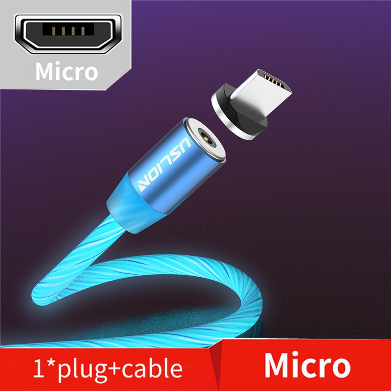 Cabo usb magnético de led uslion para celular, fio para carregador com micro usb tipo c para carregamento rápido para iphone samsung s10: Blue Micro