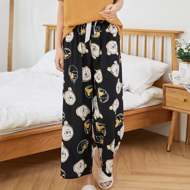 Summer Sleep Wear for Women Pajama Printing Loose Sleep Pants Calf-Length Pants Sleep Bottoms Home Wear: E5