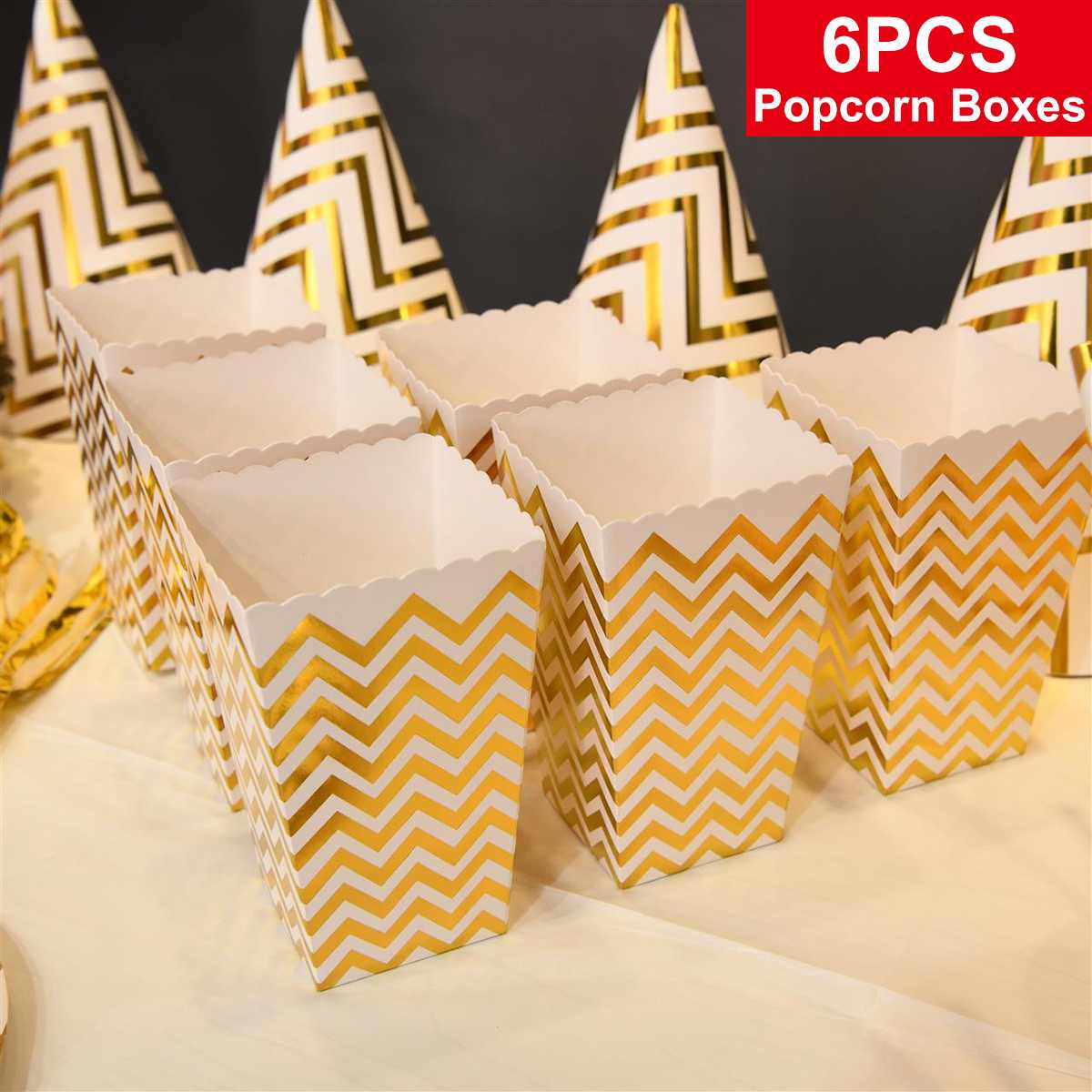 Gouden Streep Serie Party Decoratie Wegwerp Servies Sets Papieren Borden Banner Popcorn Dozen Voor Kinderen Verjaardag Baby Shower: 6PCS Popcorn Boxes