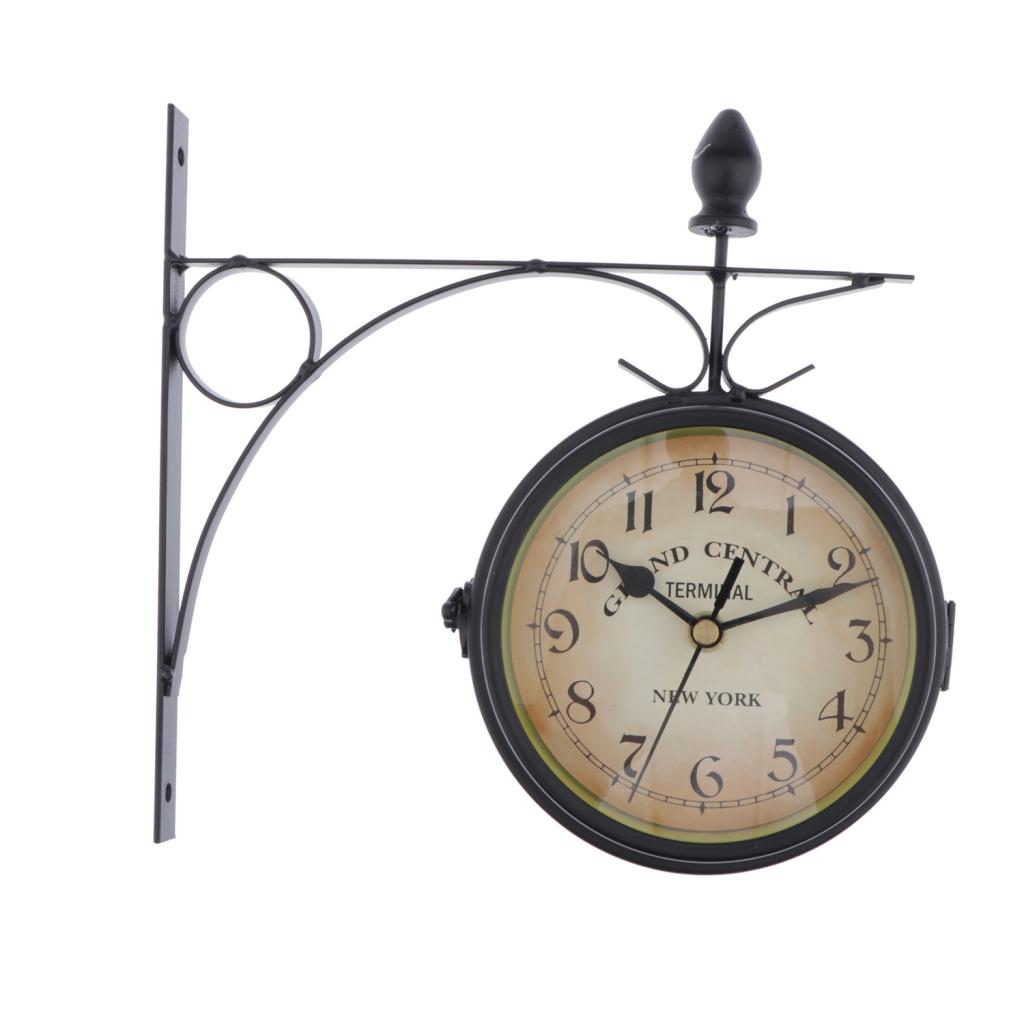 Reloj de pared de doble cara de estilo estación de tren de hierro, reloj redondo de estilo Vintage con soporte lateral de pared de desplazamiento: Negro