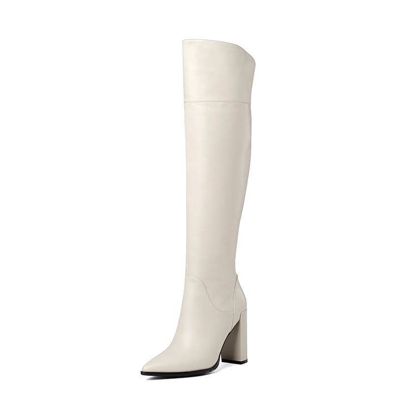 Schoenen Hoge Hakken Herfst Winter Knie Hoge Laarzen Vrouw Wees Teen Landingsbanen Warm Sneeuw Boot Lederen Cowboy Sexy Vrouwen schoenen: beige / 36