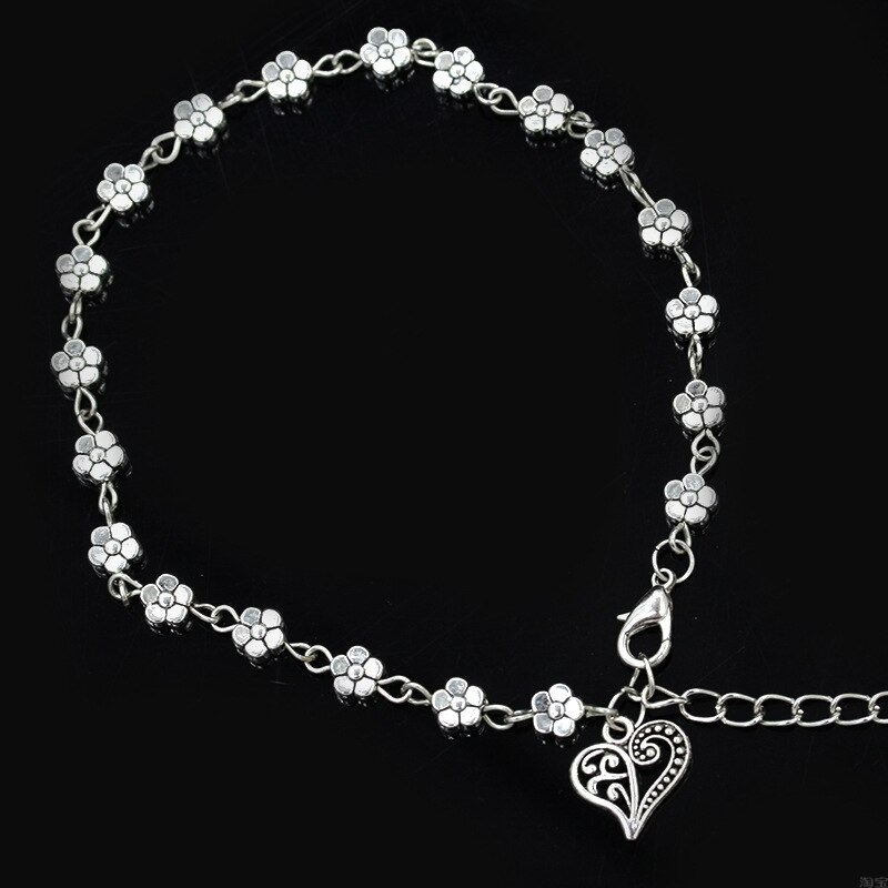 Women's Vintage Heart Flower Barefoot Sandals Beach Anklet Tassel Chain Foot Jewelry Bracelet on Leg Bracelet Ankle Jewelry