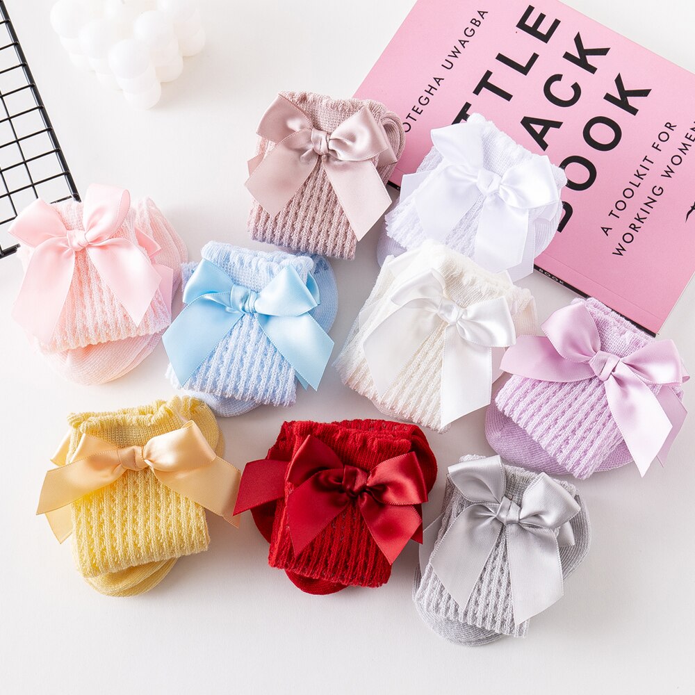 Baby Girl's Summer Socks Solid Color Breathable Comfortable Infant Socks with Bowknot for Birthday Party Vacation Photography
