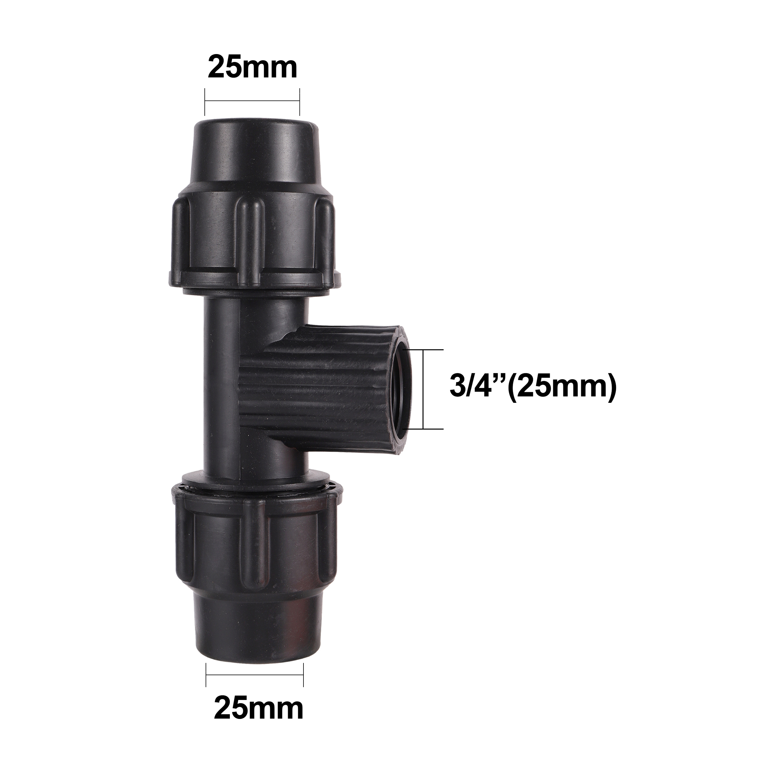 Conector de tubo de riego de PVC y PE, accesorio negro de rosca de 1/2 &quot;3/4&quot; 1 &quot;a 20/25/32mm, Junta bloqueada de conversión de 3 vías: 3I4 to 25mm