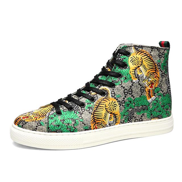 Trendy Green Tiger Print Hoge Top Schoenen Mannen Skateboard Schoenen Lederen Sneakers Mannen Zapatillas Hombre: High Green -3279 / 41