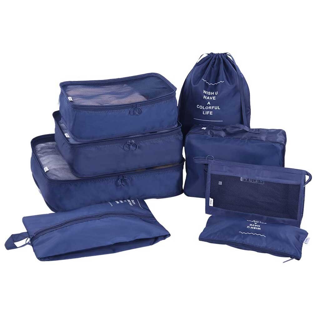 8 Stks/set Reistas Voor Kleding Functionele Reizen Accessoires Bagage Organizer Hoge Capaciteit Mesh Verpakking Cubes Waterdicht: Navy