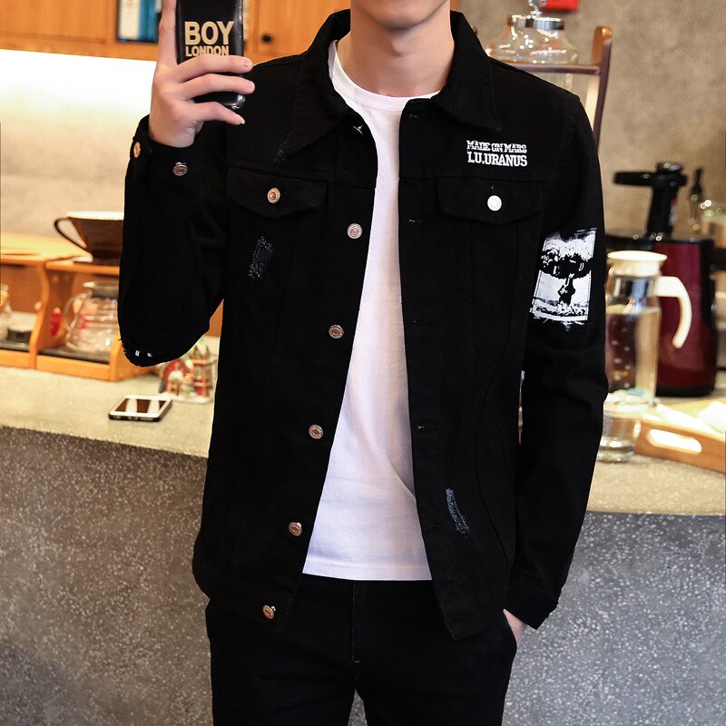 spring Autumn Casual men\'s Korean teenagers jacket patch youth Slim handsome clothes male black denim jacket