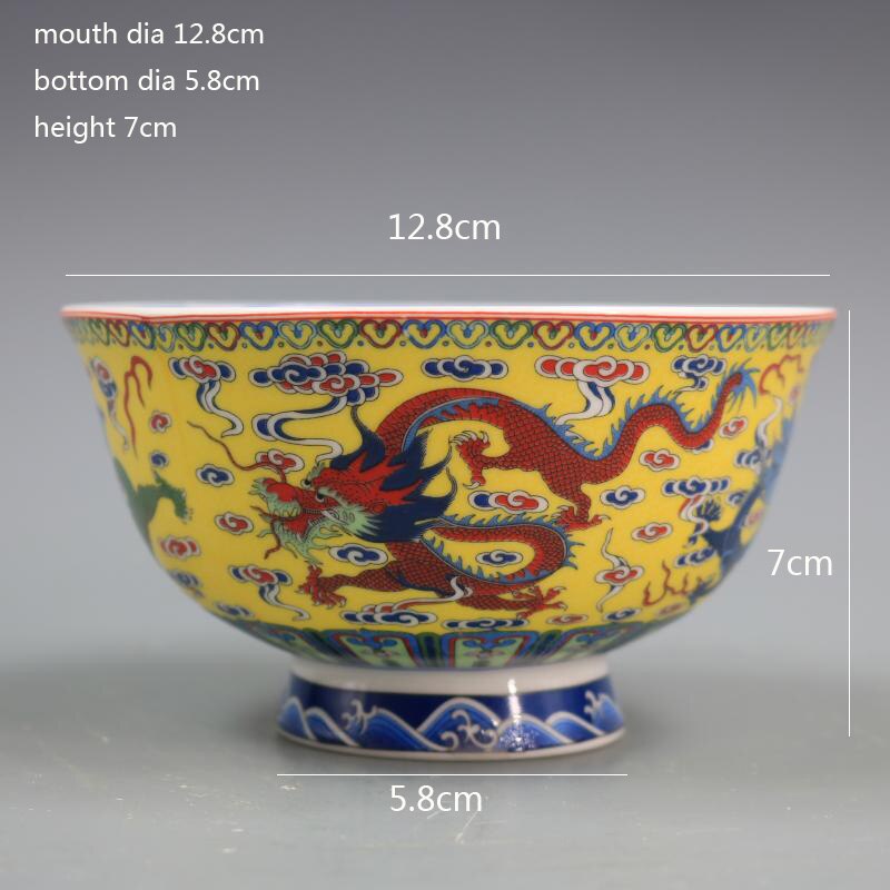 Qing -dynastin qianlong år mark gul glasyr drake moln mönster skål antik emalj porslin hem dekoration prydnad skål