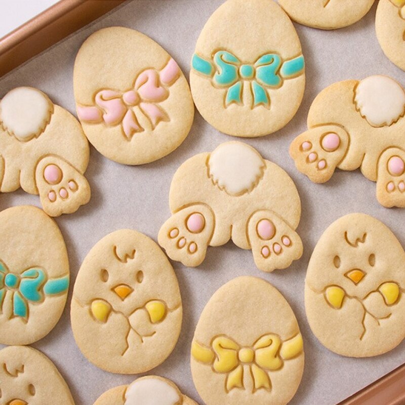 Happy Easter Egg Cookie Embosser Mold Cute Bunny Chick Shaped Fondant Icing Biscuit Cutting Die Set Baking Cake Decoating Tool
