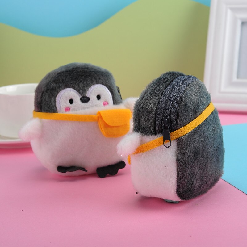 Monedero de pingüino de pelo bonito suave para niños y niñas, Mini cartera con línea de datos, monedero Neutral