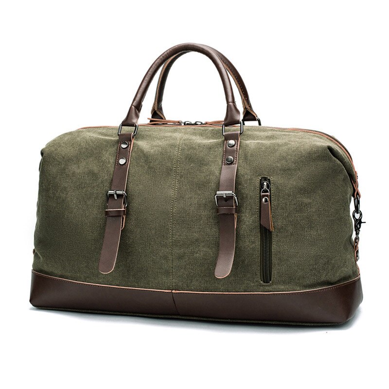 WaterProof Waxed Canvas Leather Men Travel Bag Hand Luggage Bag Carry On Large Tote Vintage Men Duffle Weekend Bag Big Overnight: ArmyGreen