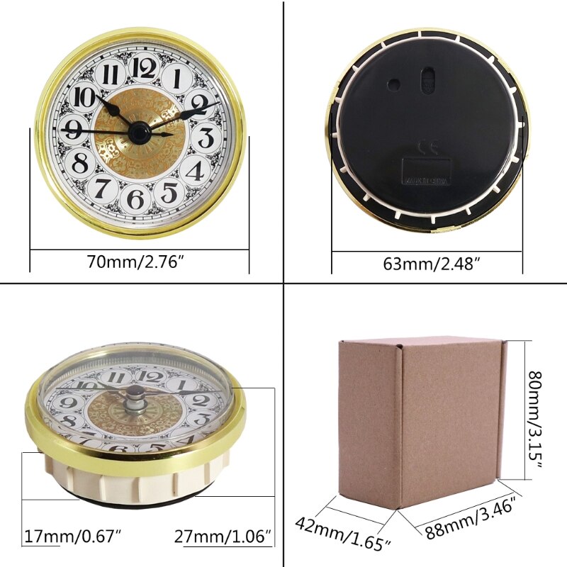 Classic Clock Craft Quartz 70mm Dial Roman Numeral Insert Movement with Golden Color Trim for Home DIY Crafts Quartz