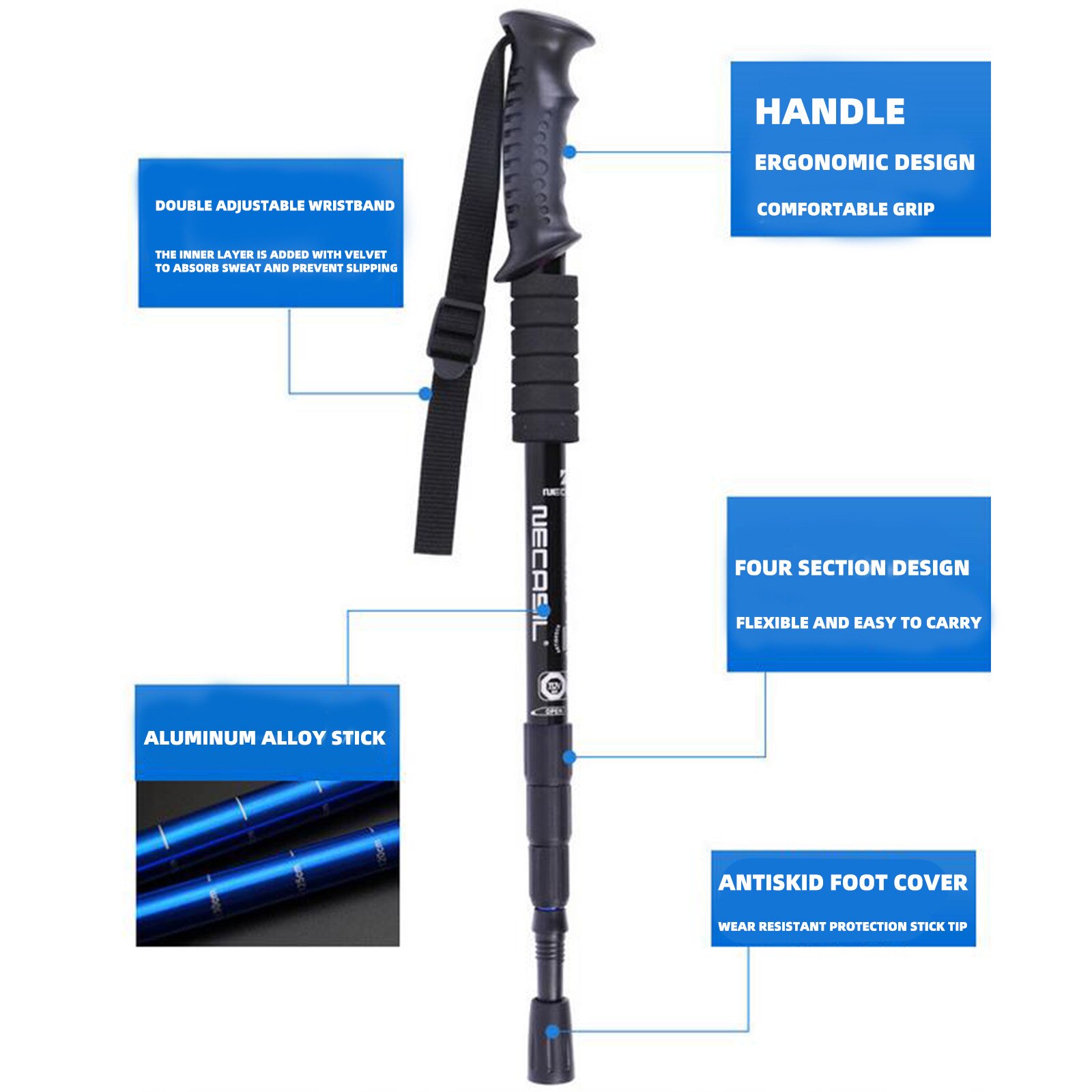Folding Trekking Pole Aluminum Alloy Straight Handle Trekking Pole Telescopic Shock Absorption Outdoor Running Walking Stick @40
