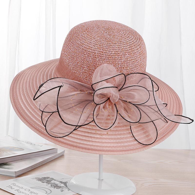 Ymsaidhigh Guality Elegante Vrouwen Kerk Hoeden Voor Zomer Mode Grote Bloem Zonnehoed Brede Rand Strand Casual Strand Chapeu Feminino: Snow bud pink